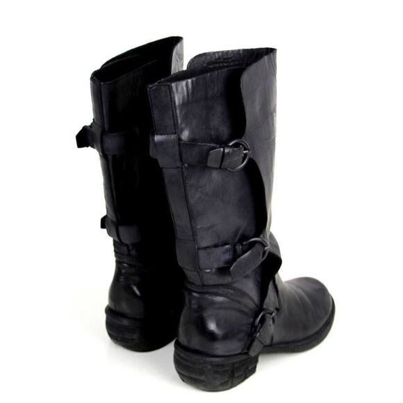Trouve BLACK GENUINE LEATHER LOW HEEL PULL ON STRAP BUCKLE ROUND TOE BOOTS 6.5B - Picture 5 of 11
